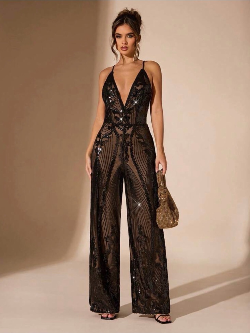 Black Sequin Plunge Wide-Leg Jumpsuit